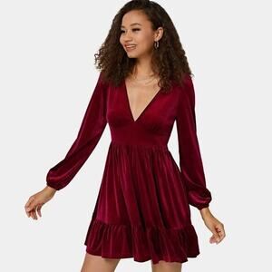 Halara Deep V-Neck Ruffled Hem Velvet Mini Chill Party Dress in Sangria‎ S NWT